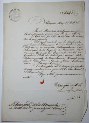 Primera imagen del registro Carta de nombramiento como comandante de la Brigada de Bomberos al coronel Juan Agustín Vives