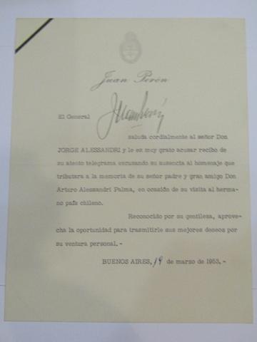 Primera imagen del registro Carta de Juan Domingo Perón a Jorge Alessandri