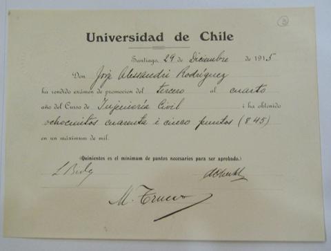 Primera imagen del registro Certificado Universidad de Chile a don Jorge Alessandri Rodriguez