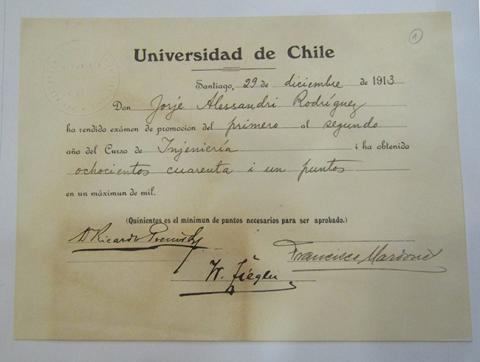Primera imagen del registro Certificado Universidad de Chile a don Jorge Alessandri Rodriguez