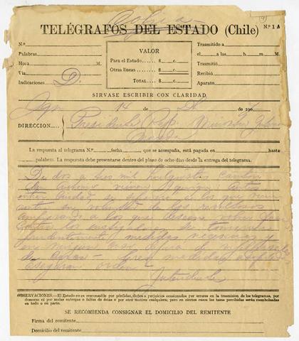 Primera imagen del registro Telegrama avisando llegada de Huelguistas a Iquique
