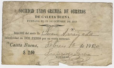 Primera imagen del registro Recibo de la Sociedad Unión Gremial de Obreros