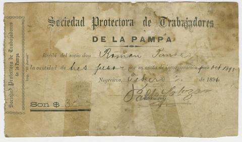 Primera imagen del registro Recibo Sociedad Protectora de Trabajadores de la Pampa