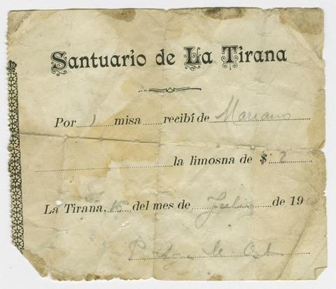 Primera imagen del registro Recibo de limosna Santuario de La Tirana