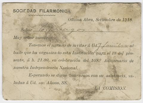 Primera imagen del registro Invitación a baile por la Sociedad Filarmónica, en Oficina Abra.