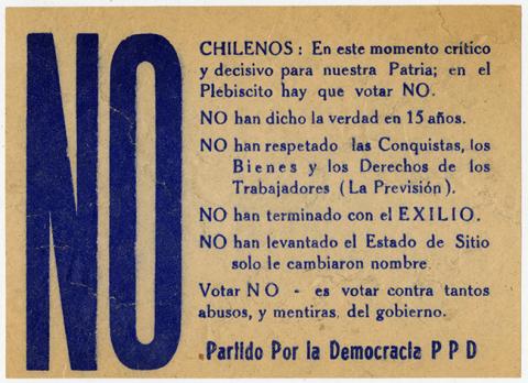 Primera imagen del registro Panfleto Chilenos: En este momento crítico y decisivo para nuestra Patria; en el Plebiscito hay que votar No"