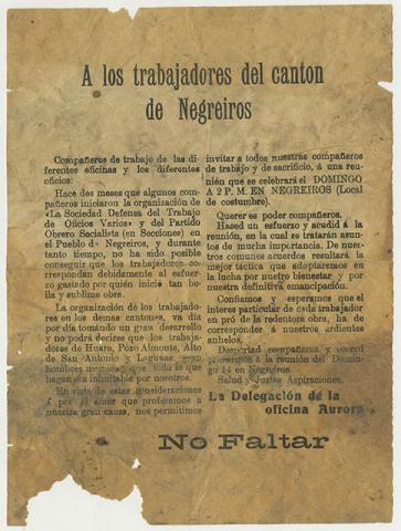 Primera imagen del registro A los trabajadores del cantón de Negreiros, delegación de la oficina Aurora