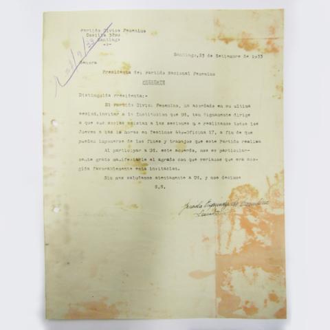 Primera imagen del registro Carta de invitación de Graciela Espinoza de Caradeuc de Partido Cívico Femenino a Presidenta del Partido Nacional Femenino