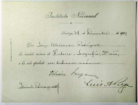 Primera imagen del registro Certificado de Rendición de examen Historia y Geografía 3er año de Jorge Alessandri Rodríguez