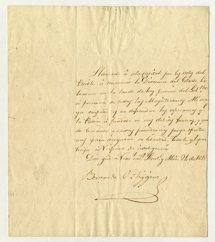 Primera imagen del registro Carta de Bernardo O'Higgins: Llamado a esta capital por los votos del pueblo