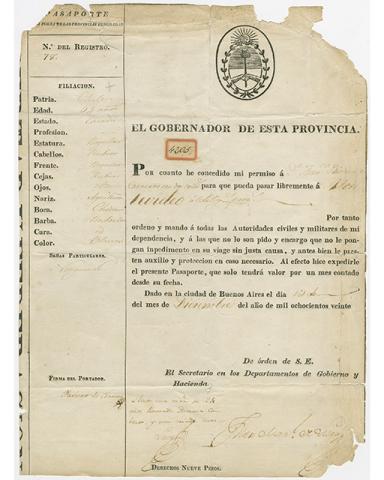 Primera imagen del registro Pasaporte argentino otorgado a Javiera Carrera