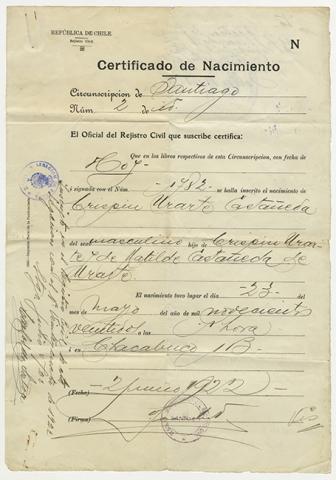 Primera imagen del registro Certificado de nacimiento de Crispin Urarte Castañeda