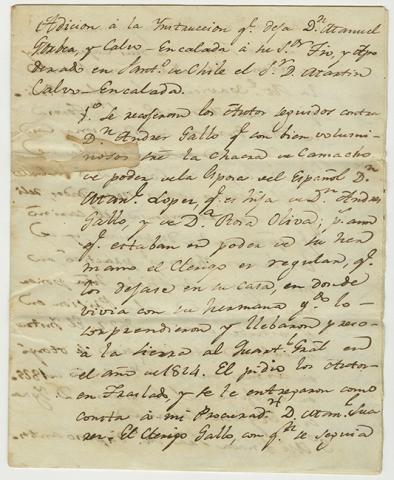 Primera imagen del registro Carta de Martín Calvo a su tío Manuel Gorbea y Calvo-Encalada sobre sus bienes