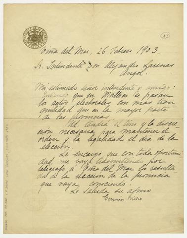 Primera imagen del registro Carta del presidente Germán Riesco al Intendente de Angol Alejandro Larenas