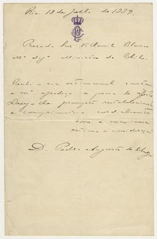 Primera imagen del registro Carta de agradecimiento de Dn Pedro Augusto de Coburgo a Manuel Villamil Blanco Ministro de Chile