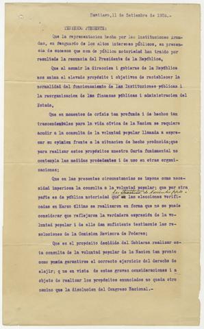Primera imagen del registro Comunicado de la renuncia del Presidente, la disolución del Congreso Nacional y la asunción de la junta militar