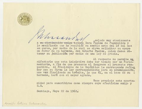 Primera imagen del registro Carta del Presidente Jorge Alessandri Rodríguez en respuesta a petición de Dora Puelma de Fuenzalida