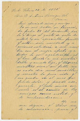 Primera imagen del registro Carta de Encarnación Fernández Salas de Balmaceda a Antonio Larraguibel