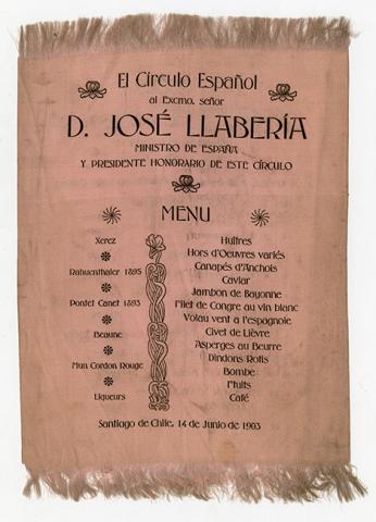 Primera imagen del registro Menú de comida ofrecido por el Círculo Español al Ministro de España y Presidente Honorario de este círculo, José Llabería