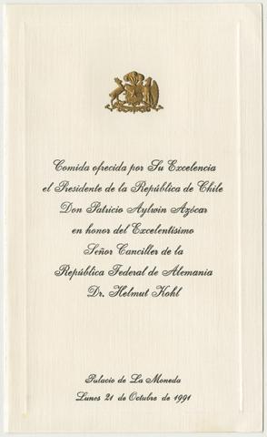 Primera imagen del registro Menú al Canciller de la República Federal de Alemania, Helmut Kohl