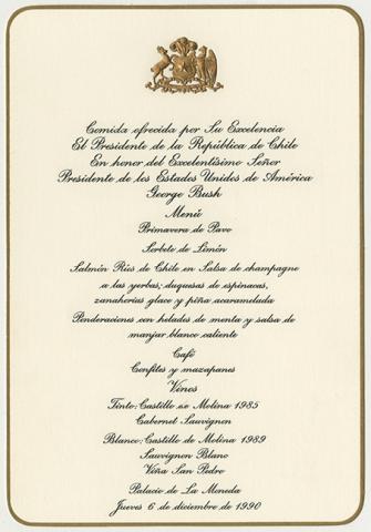 Primera imagen del registro Menú al Presidente de los Estados Unidos de América, George Bush