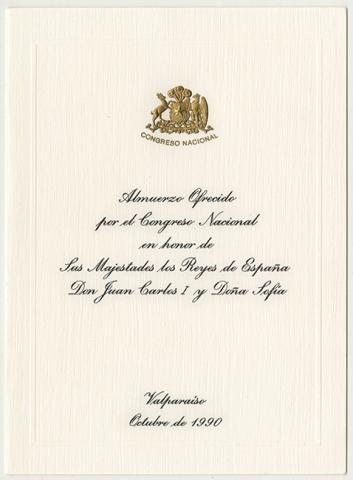 Primera imagen del registro Menú de comida ofrecida por el Congreso Nacional a los Reyes de España