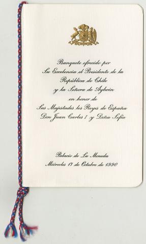 Primera imagen del registro Menú de banquete ofrecido por Patricio Aylwin, Presidente de Chile, a los Reyes de España.