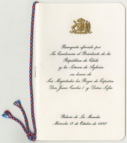 Primera imagen del registro Menú de banquete ofrecido por Patricio Aylwin, presidente de Chile a los Reyes de España