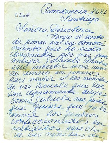Primera imagen del registro Carta por encargo de Gabriela Mistral a la profesora Srta. Rojas de la Escuela de niñas de Montegrande, escrita por Carmela Echeñique de Errázuriz