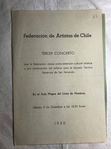 Primera imagen del registro Programa del tercer concierto de la Federación de Artistas de Chile. Pro construcción Edificiio Escuela Técnica San Fernando