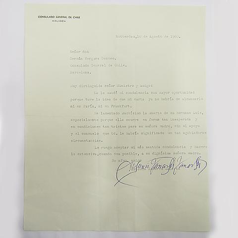 Primera imagen del registro Carta de condolencias dirigida a Germán Vergara Donoso, por muerte de su hermano Luis.