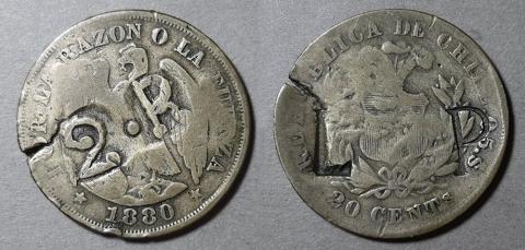 Primera imagen del registro Moneda de 20 centavos (resello 2 Reales) República