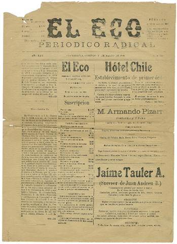 Primera imagen del registro El Eco. Periódico Radical. Combarbalá 1919