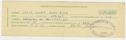 Primera imagen del registro Comprobante de recepción declaración de arancel de María Urzua Flores. Universidad de Chile. 1979