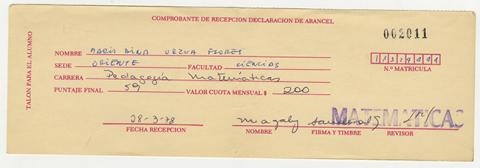 Primera imagen del registro Comprobante de recepción declaración de arancel de María Urzua Flores. Universidad de Chile. 1978