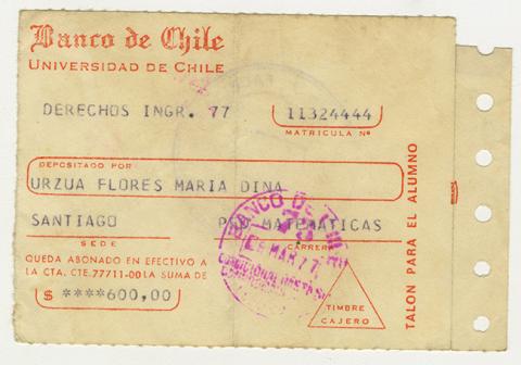 Primera imagen del registro Comprobante de pago de Derechos Básicos de Ingreso de María Urzua Flores. Universidad de Chile. 1977
