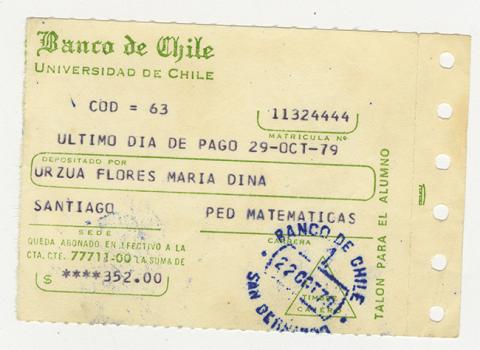 Primera imagen del registro Comprobante de pago de María Urzua Flores. Universidad de Chile. Octubre 1979