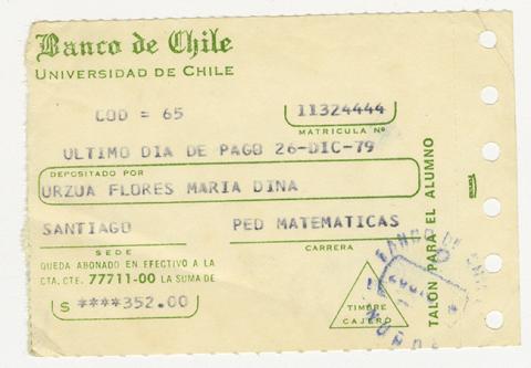 Primera imagen del registro Comprobante de pago de María Urzua Flores. Universidad de Chile. Diciembre 1979
