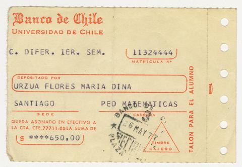 Primera imagen del registro Comprobante de pago de María Urzua Flores. Universidad de Chile. Mayo 1977
