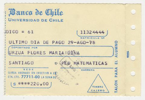 Primera imagen del registro Comprobante de pago de María Urzua Flores. Universidad de Chile. Agosto 1978