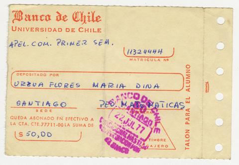Primera imagen del registro Comprobante de pago de María Urzua Flores. Universidad de Chile. Julio 1977