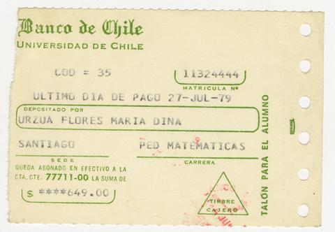 Primera imagen del registro Comprobante de pago de María Urzua Flores. Universidad de Chile. Julio 1979