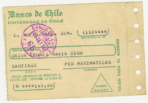 Primera imagen del registro Comprobante de pago de María Urzua Flores. Universidad de Chile. Septiembre 1976