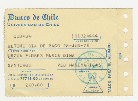 Primera imagen del registro Comprobante de pago de María Urzua Flores. Universidad de Chile. Junio 1978