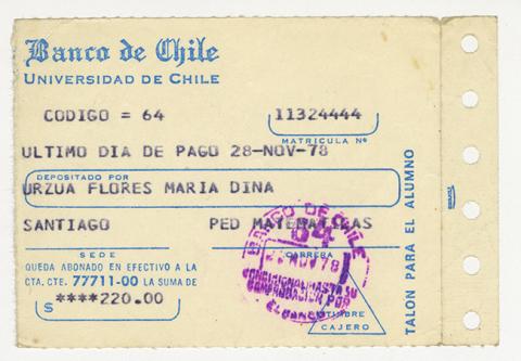 Primera imagen del registro Comprobante de pago de María Urzua Flores. Universidad de Chile. Noviembre 1978