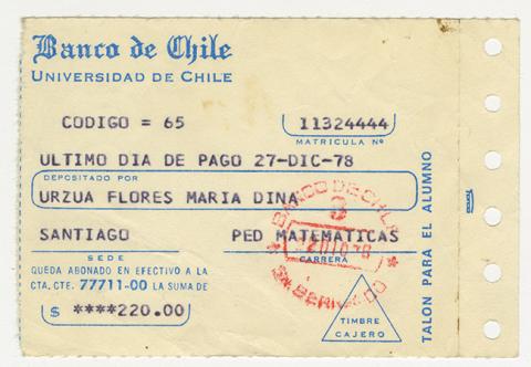 Primera imagen del registro Comprobante de pago de María Urzua Flores. Universidad de Chile. Diciembre 1978