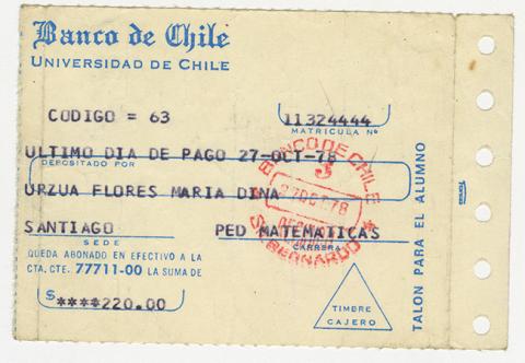 Primera imagen del registro Comprobante de pago de María Urzua Flores. Universidad de Chile. Octubre 1978