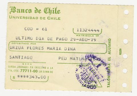 Primera imagen del registro Comprobante de pago de María Urzua Flores. Universidad de Chile. Agosto 1979