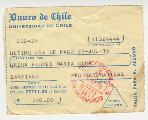 Primera imagen del registro Comprobante de pago de María Urzua Flores. Universidad de Chile. Julio 1978