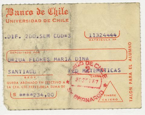 Primera imagen del registro Comprobante de pago de María Urzua Flores. Universidad de Chile. Septiembre 1977